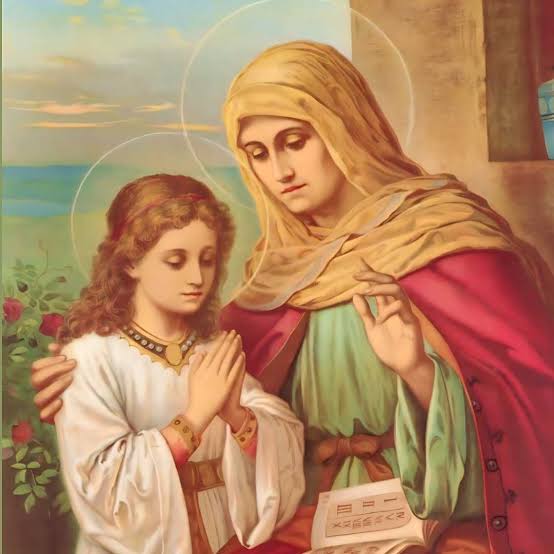 A devotional painting of Saint Anne teaching the Blessed Virgin Mary to read, displayed at Saint Anne Parish