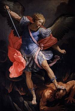 A classical painting of the Archangel Michael defeating Satan